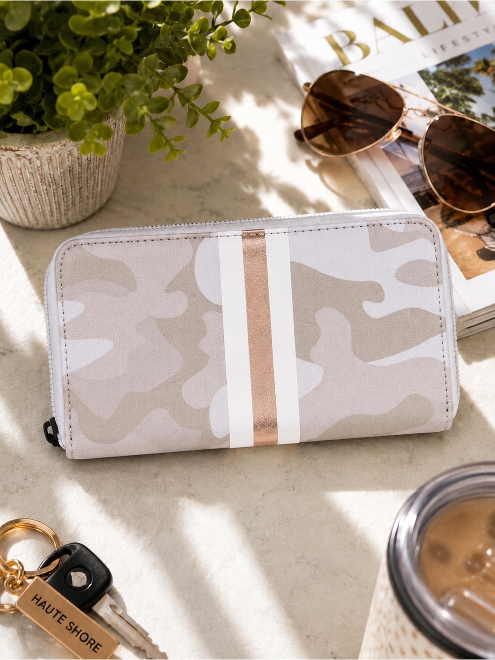 HAUTE SHORE Cash Sahara Camo Zip Around Wallet Beige White Rose Gold NWT